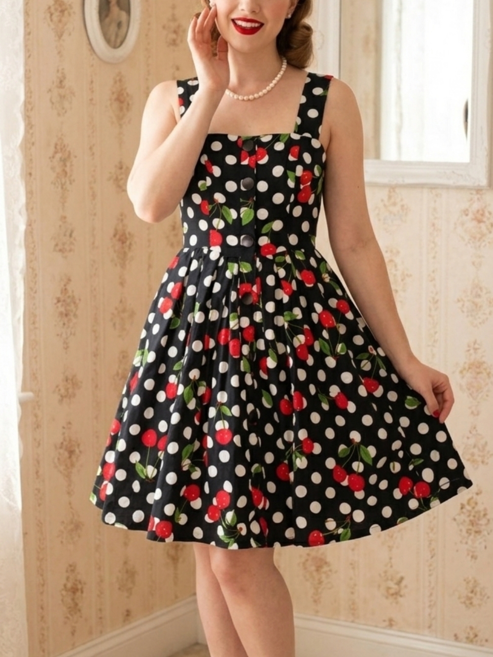 MOMA mini dress, size 34, retro/Vintage inspired polka dots/cherries, zipper